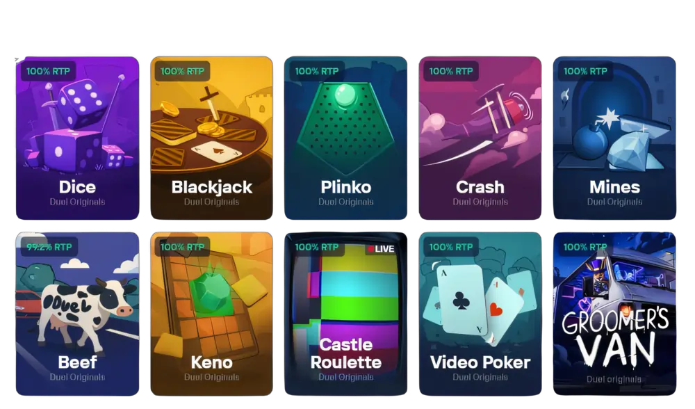 Duel Originals pelit: Dice, Blackjack, Plinko, Crash, Mines, Beef, Keno, Castle Roulette, Video Poker, Groomer's Van